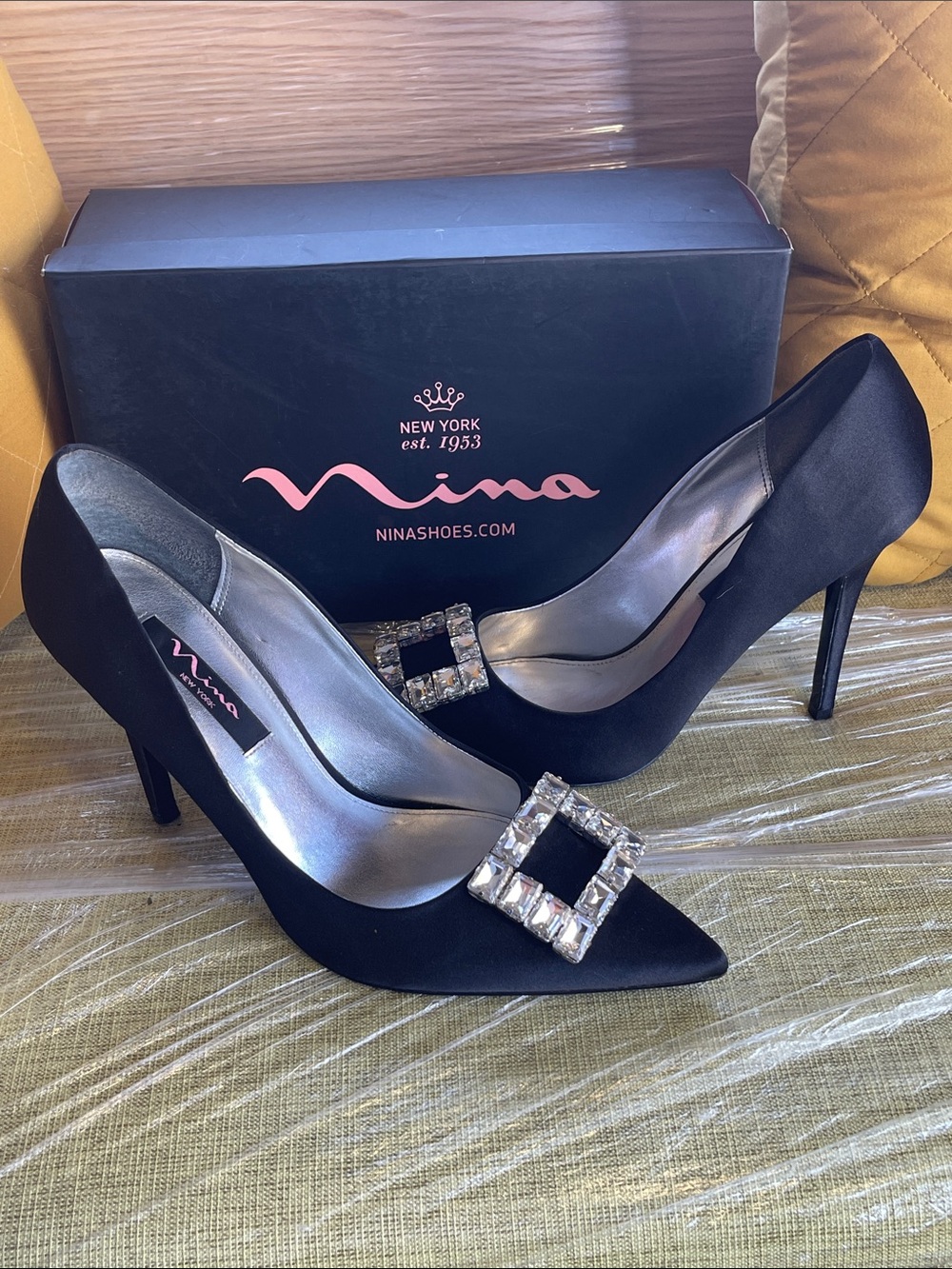 Nina Black Satin Pointed-Toe Pumps with Crystal Square Buckles